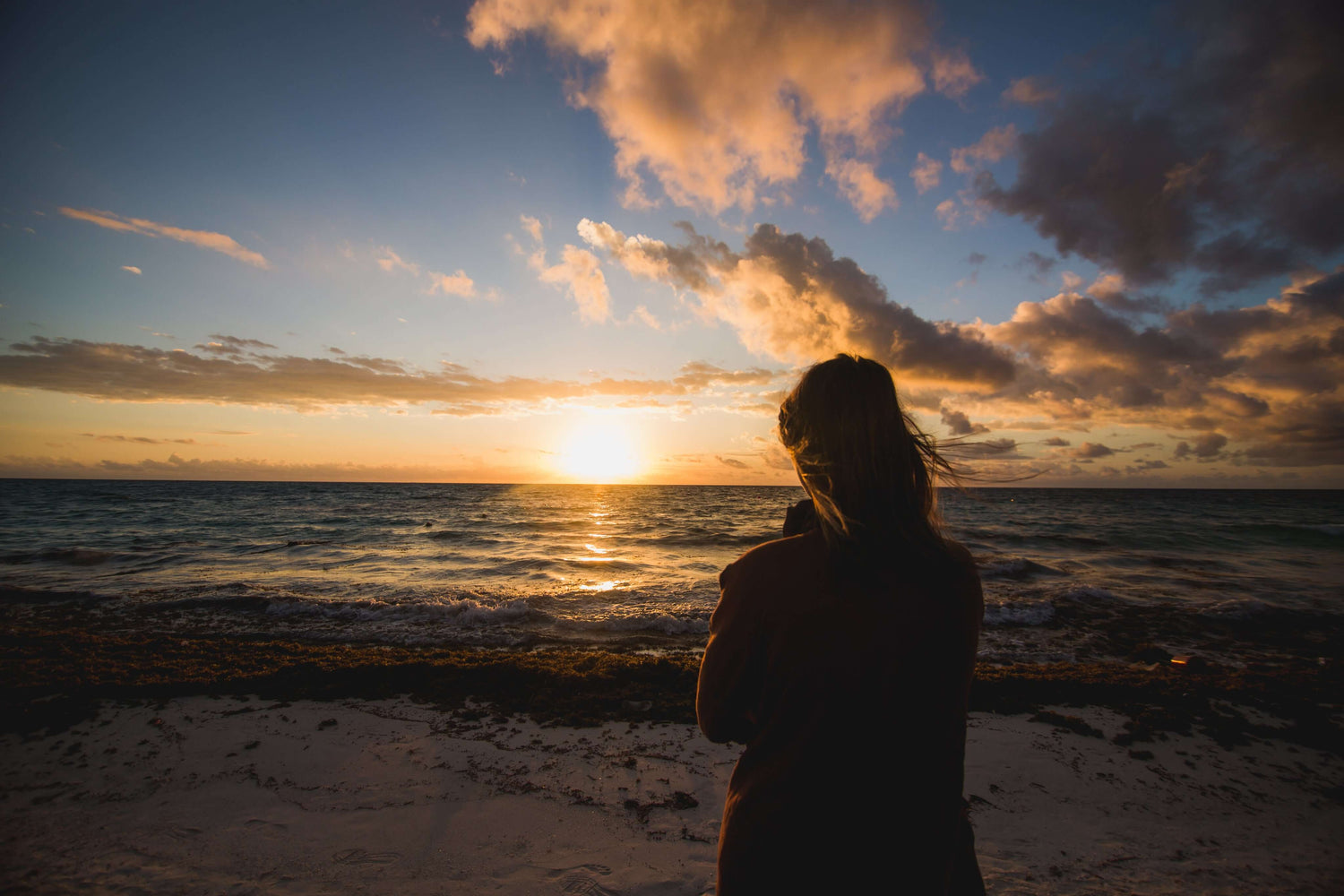 Sonnenuntergang, Zukunft, Nachdenken, Frau, Strand, Meer, Sonne
